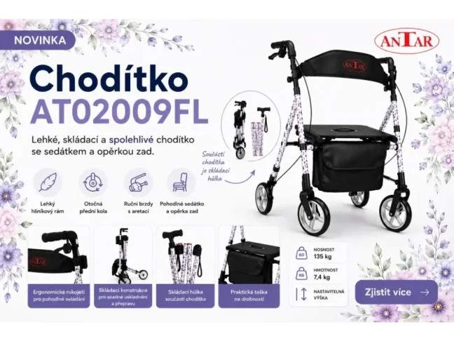 Čtyřkolové skládací  chodítko AT02009FL se skládací hůlkou