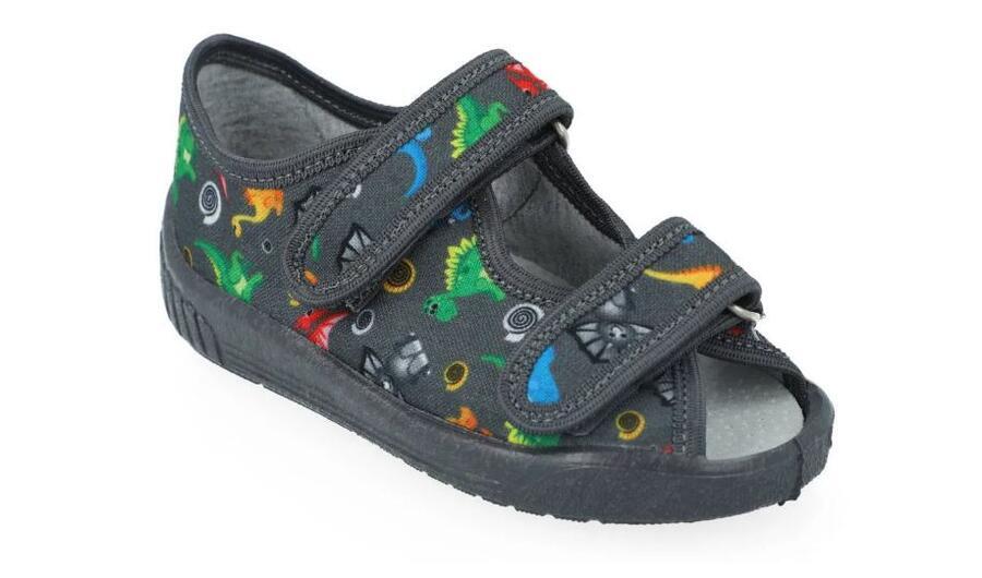 Levně Dětské papučky OLEK 206, šedé s dinosaury šedá 24 chlapci